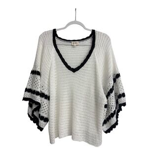 BIBI Crochet Knit Boho Bell Sleeve Sweater Top White Black V-Neck Size Large